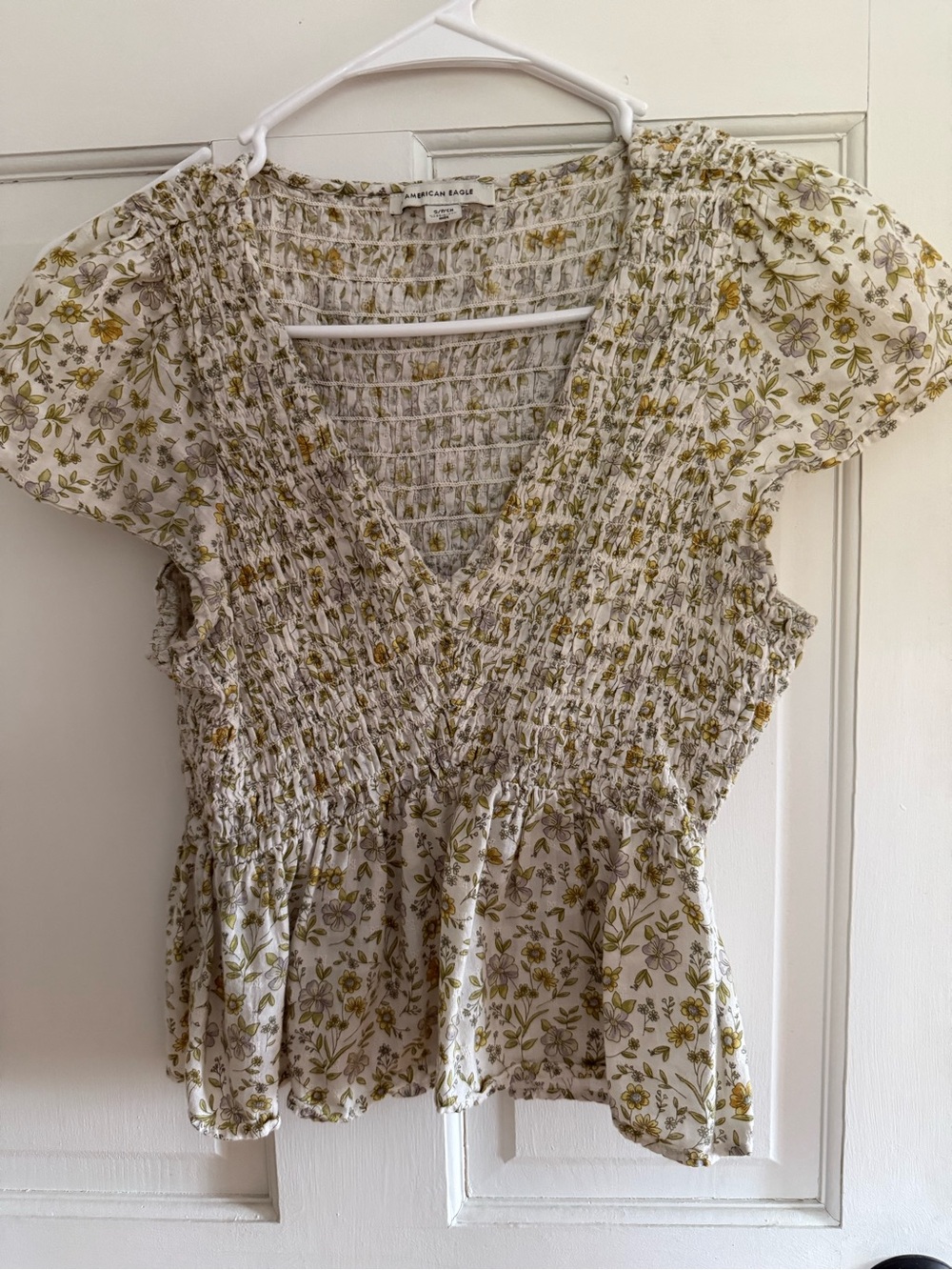 American Eagle Outfitters White Floral Smocked Peplum Top